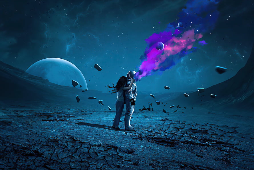 Couple Embracing on Alien Planet with Vibrant Nebula and Floating Debris HD wallpaper