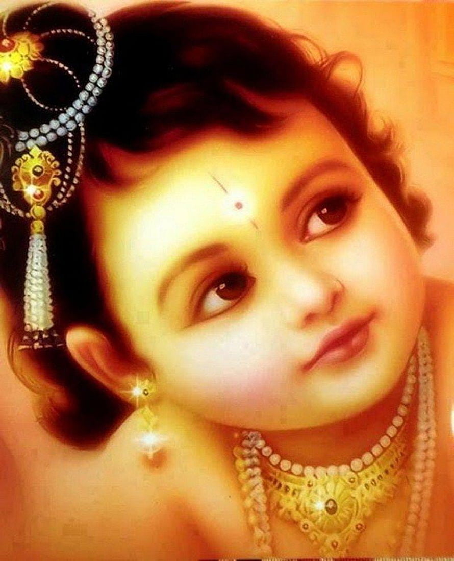 Baby Krishna Portrait With Traditional Jewelry And Ornate Headpiece HD phone wallpaper