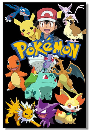 Pokemon XY Ash Ketchum and Pikachu with Starter Pokemon and Eeveelutions on Black Background HD phone wallpaper