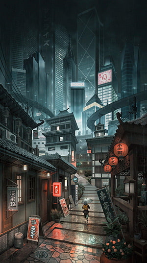 Cyberpunk Japanese Street Scene With Neon Signs And Rainy Atmosphere HD phone wallpaper