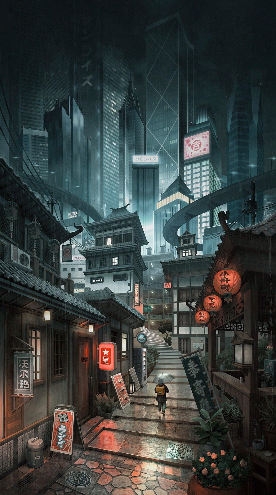 Cyberpunk Japanese Street Scene With Neon Signs And Rainy Atmosphere HD phone wallpaper