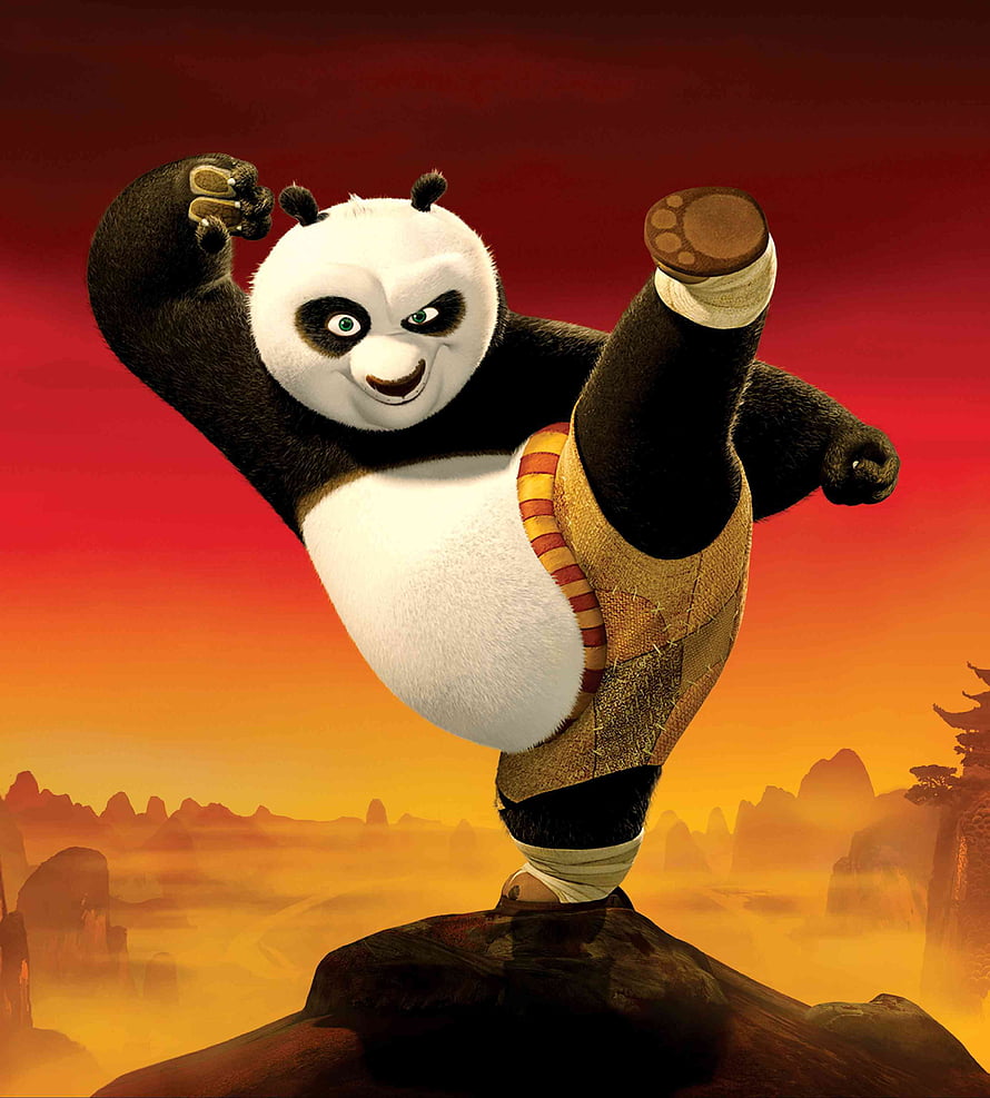 Po the Dragon Warrior Kicking on a Cliff at Sunset in Kung Fu Panda HD phone wallpaper