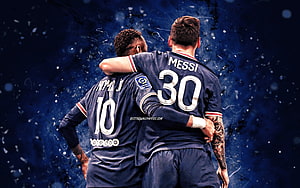 Neymar and Lionel Messi embracing in Paris Saint-Germain kits against a dark blue background HD wallpaper