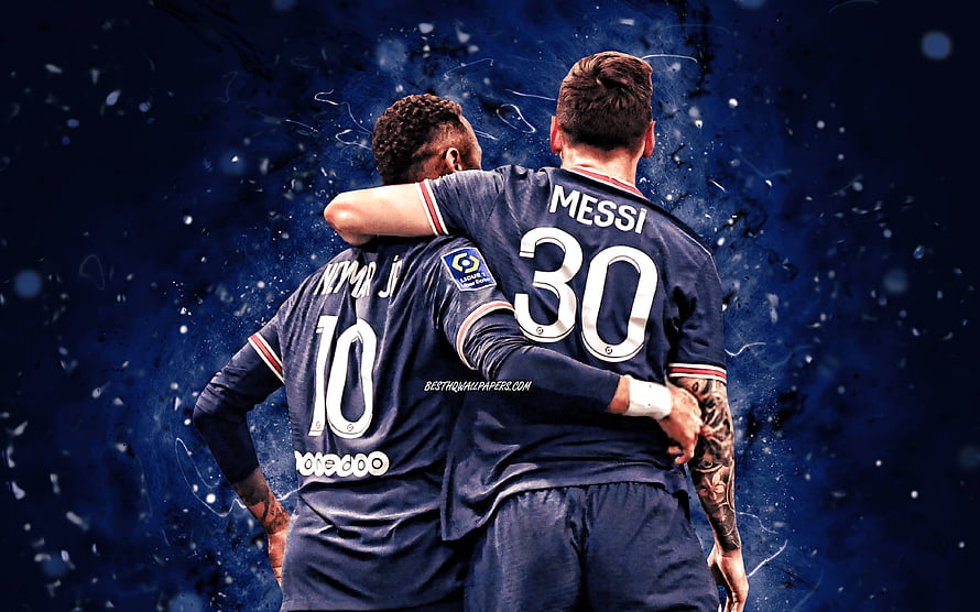 Neymar and Lionel Messi embracing in Paris Saint-Germain kits against a dark blue background HD wallpaper