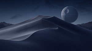 Death Star Rising Over Desert Dunes at Night in Star Wars Sci-Fi Landscape HD wallpaper