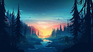 Stylized Digital Illustration of a Serene Forest Valley at Sunset with a Winding River HD wallpaper