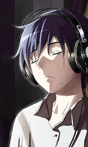 Anime boy with purple hair wearing headphones listening to music HD phone wallpaper