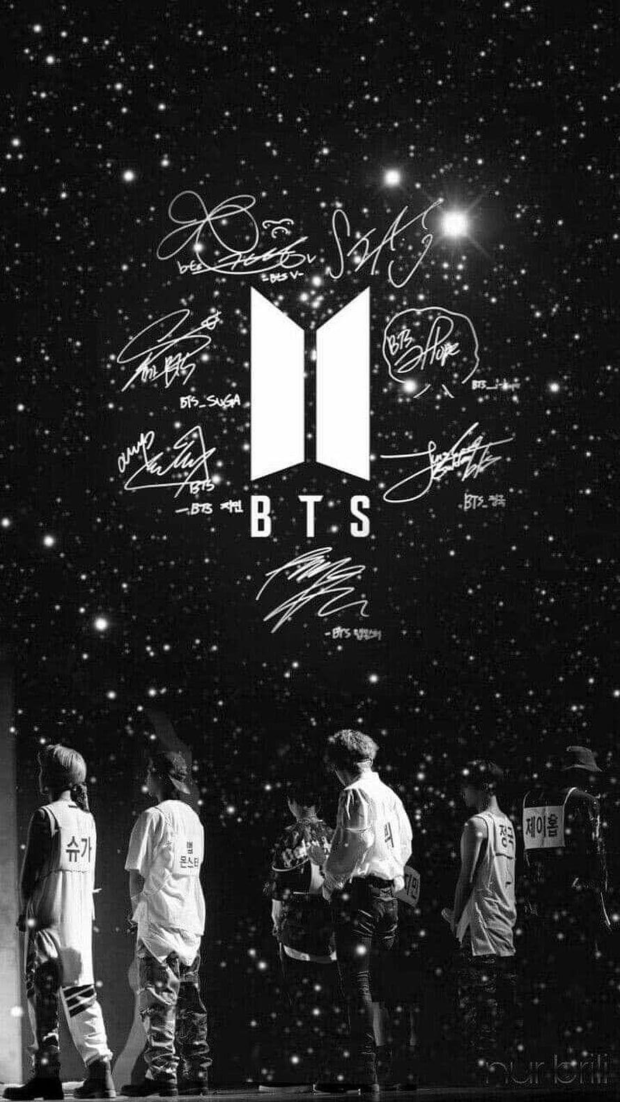 BTS Members Standing on Stage Under Starry Sky with Signatures and Logo HD phone wallpaper