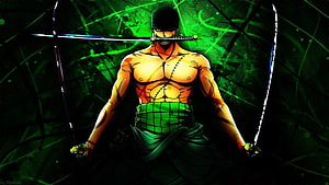 Roronoa Zoro from One Piece in a dramatic green-lit pose with three swords HD wallpaper