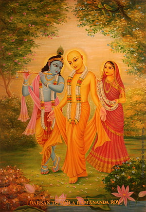 Chaitanya Mahaprabhu Walking with Radha and Krishna in a Flowering Garden HD phone wallpaper