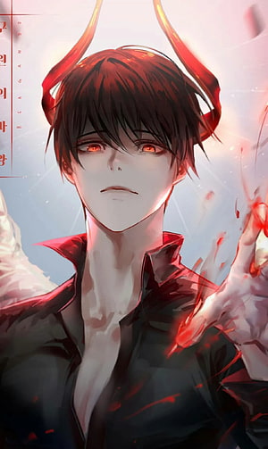 Demon Boy Anime Character with Red Horns and Glowing Eyes HD phone wallpaper