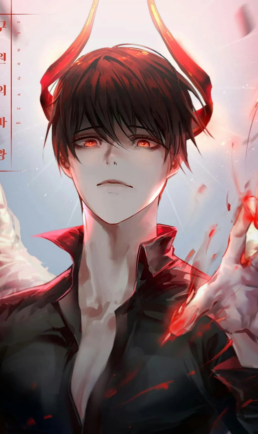 Demon Boy Anime Character with Red Horns and Glowing Eyes HD phone wallpaper