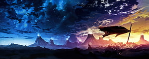 Fantasy Landscape With Volcanoes And Starry Night Sky At Sunset HD wallpaper