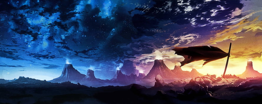 Fantasy Landscape With Volcanoes And Starry Night Sky At Sunset HD wallpaper