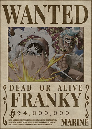 Franky One Piece Wanted Poster with Marine Bounty and Action Illustration HD phone wallpaper