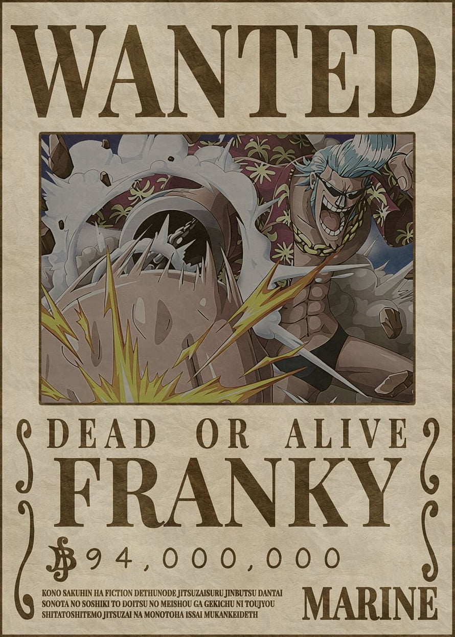 Franky One Piece Wanted Poster with Marine Bounty and Action Illustration HD phone wallpaper