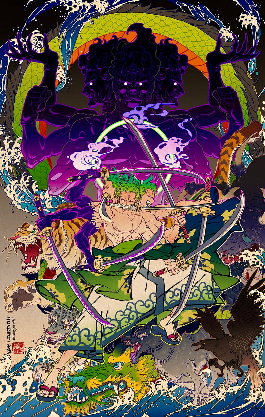 Roronoa Zoro wielding three swords in a dynamic anime battle scene with mythical beasts and a giant spirit HD phone wallpaper