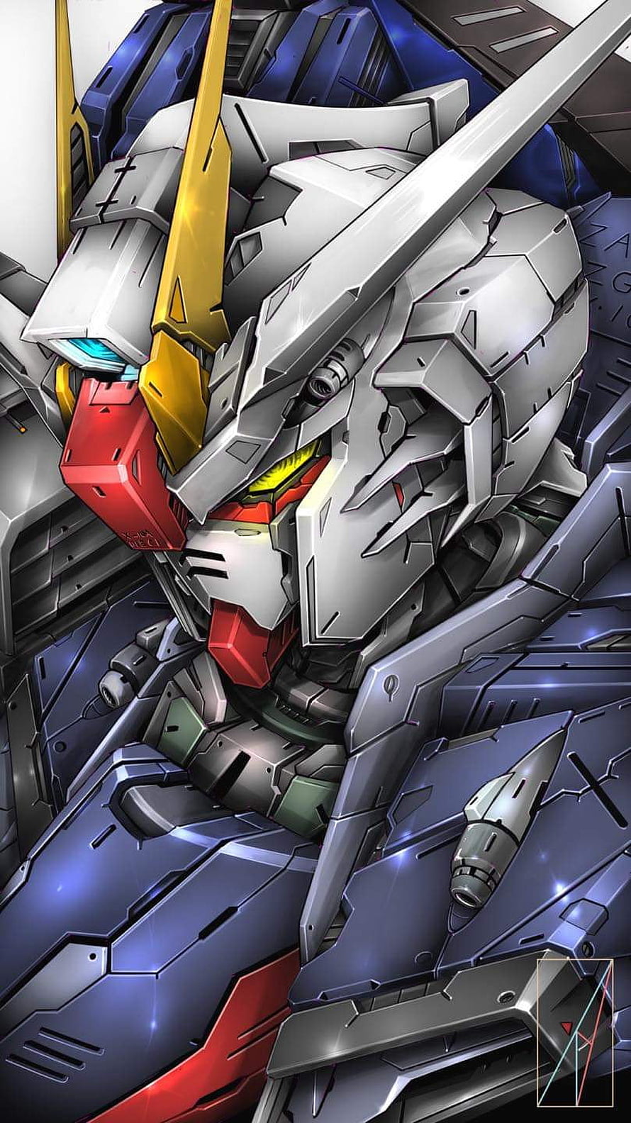 Close-up illustration of a white, red, and blue Gundam robot head with yellow V-fin antenna and glowing eyes HD phone wallpaper
