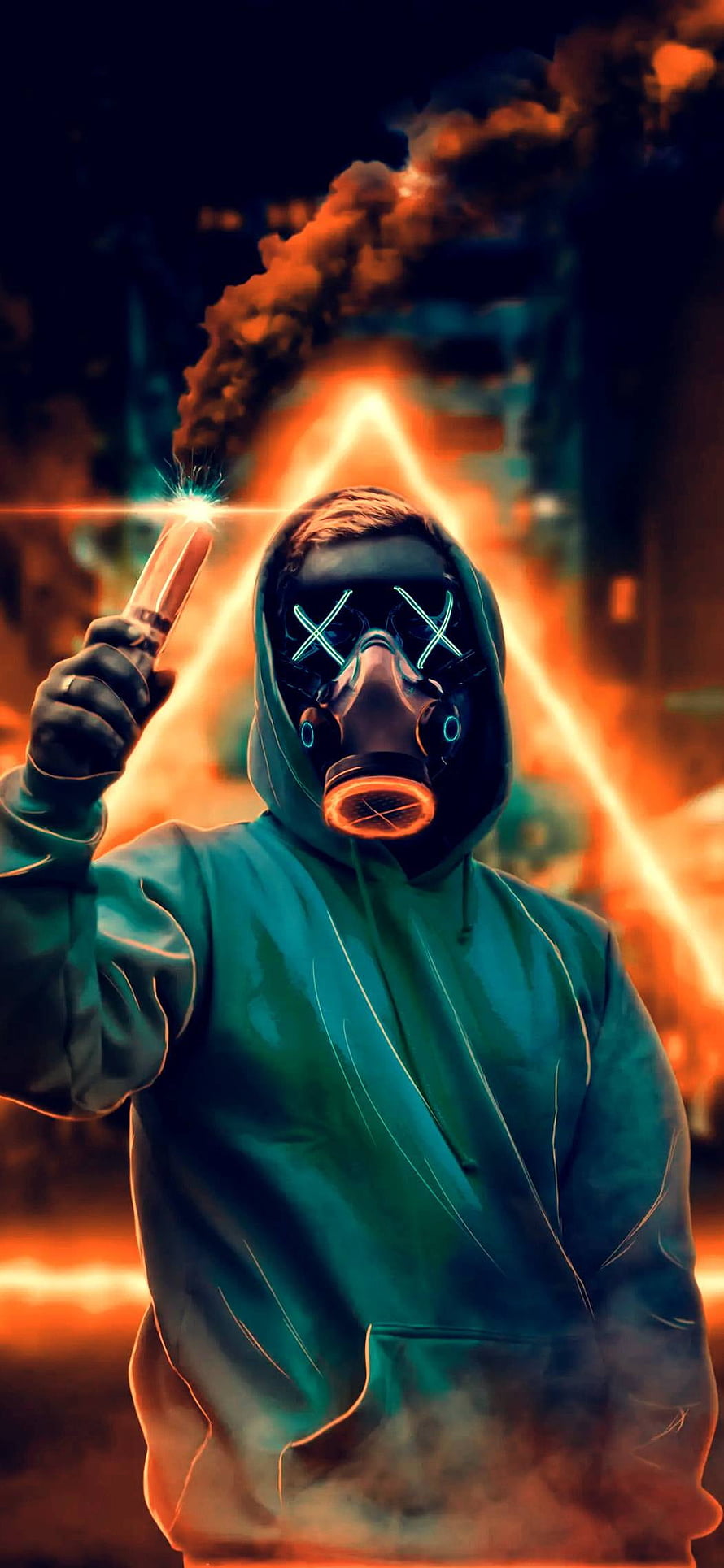 Cyberpunk Hooded Figure with Gas Mask and Sparkler in Fiery Urban Ruins HD phone wallpaper