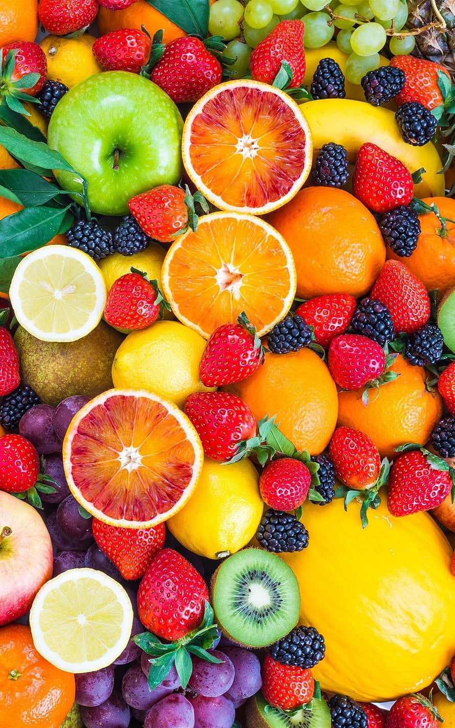 Vibrant Assortment of Fresh Fruits Including Blood Oranges, Strawberries, and Kiwi HD phone wallpaper