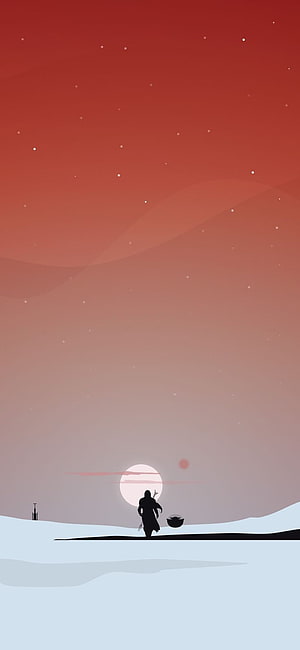 Silhouette of a lone warrior standing in a snowy landscape under a red sky with a large moon HD phone wallpaper