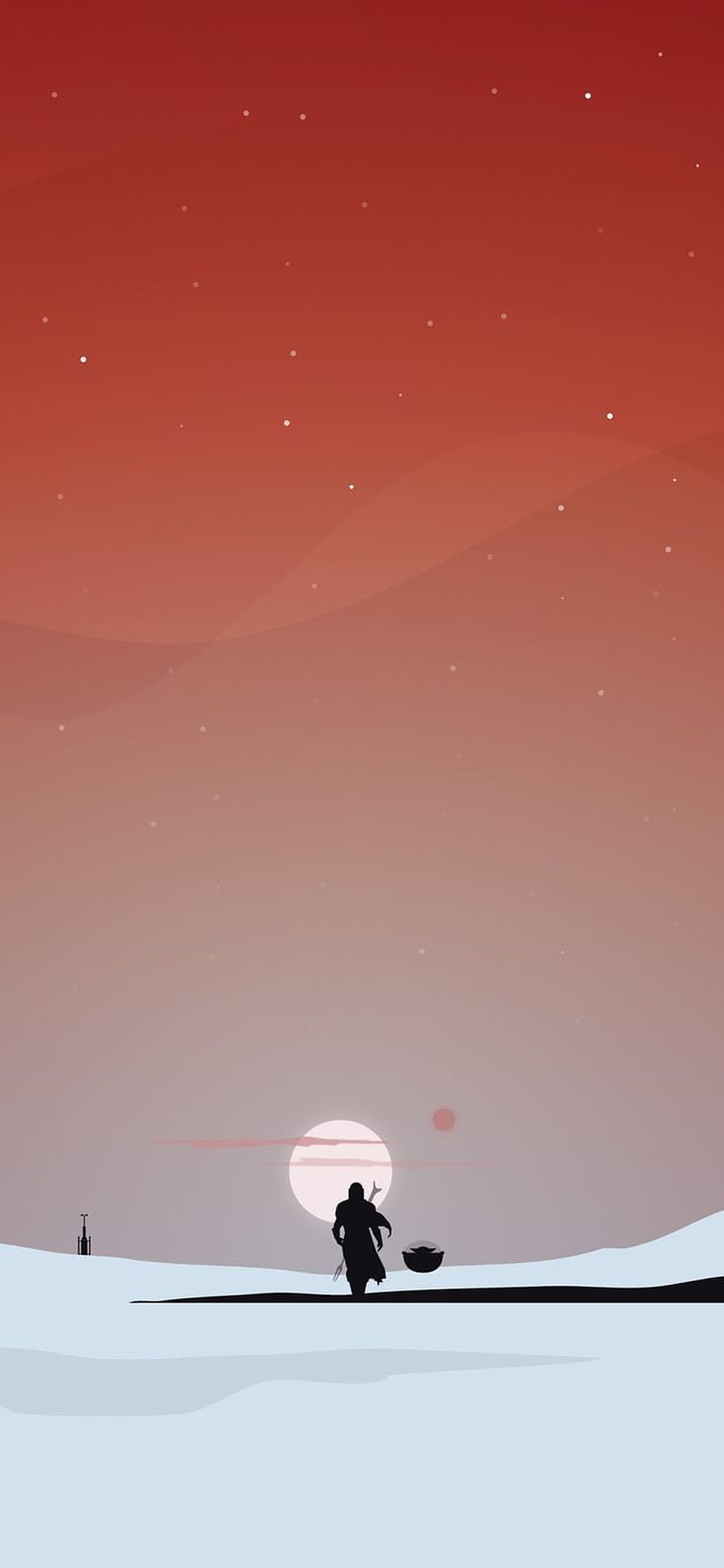 Silhouette of a lone warrior standing in a snowy landscape under a red sky with a large moon HD phone wallpaper