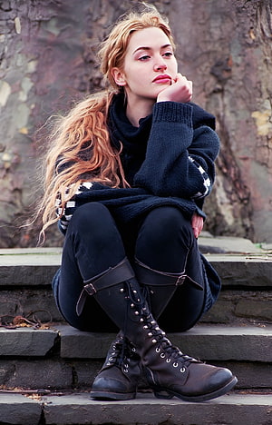 Pensive Young Woman with Long Wavy Hair Sitting on Stone Steps in Dark Knitwear, Kate Winslet, vintage, hollywood actress HD phone wallpaper