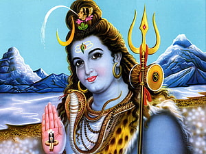 Lord Shiva Portrait with Trishul, Snake, and Himalayan Mountains in Traditional Indian Art Style HD wallpaper