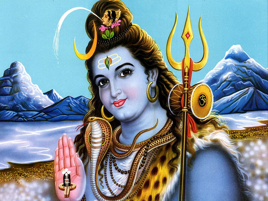 Lord Shiva Portrait with Trishul, Snake, and Himalayan Mountains in Traditional Indian Art Style HD wallpaper