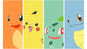 Cute Minimalist Pokemon Starters: Charmander, Pikachu, Bulbasaur, and Squirtle in Flat Color Panels HD wallpaper