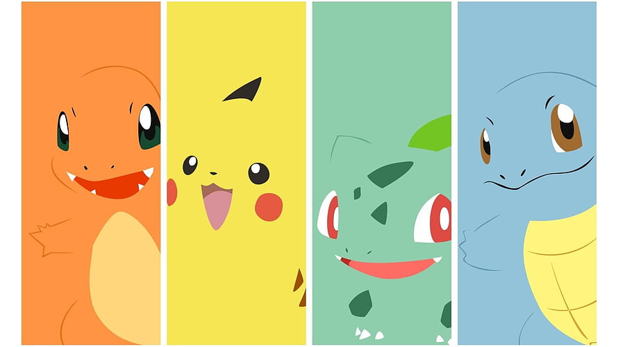 Cute Minimalist Pokemon Starters: Charmander, Pikachu, Bulbasaur, and Squirtle in Flat Color Panels HD wallpaper