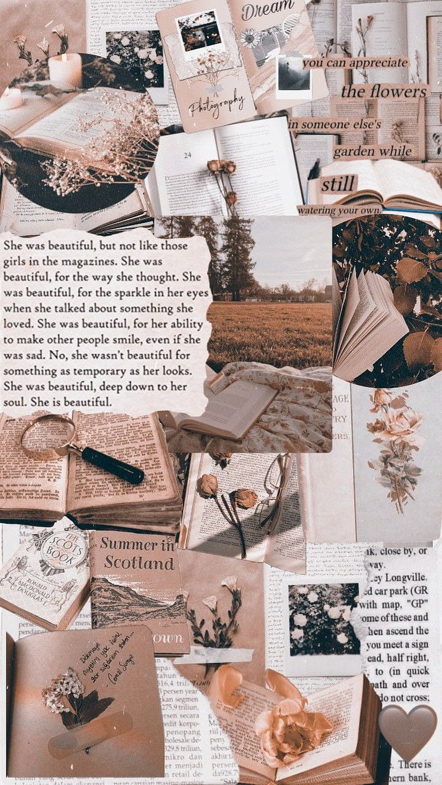 Vintage Book and Dried Flower Aesthetic Collage with Inspirational Quotes HD phone wallpaper