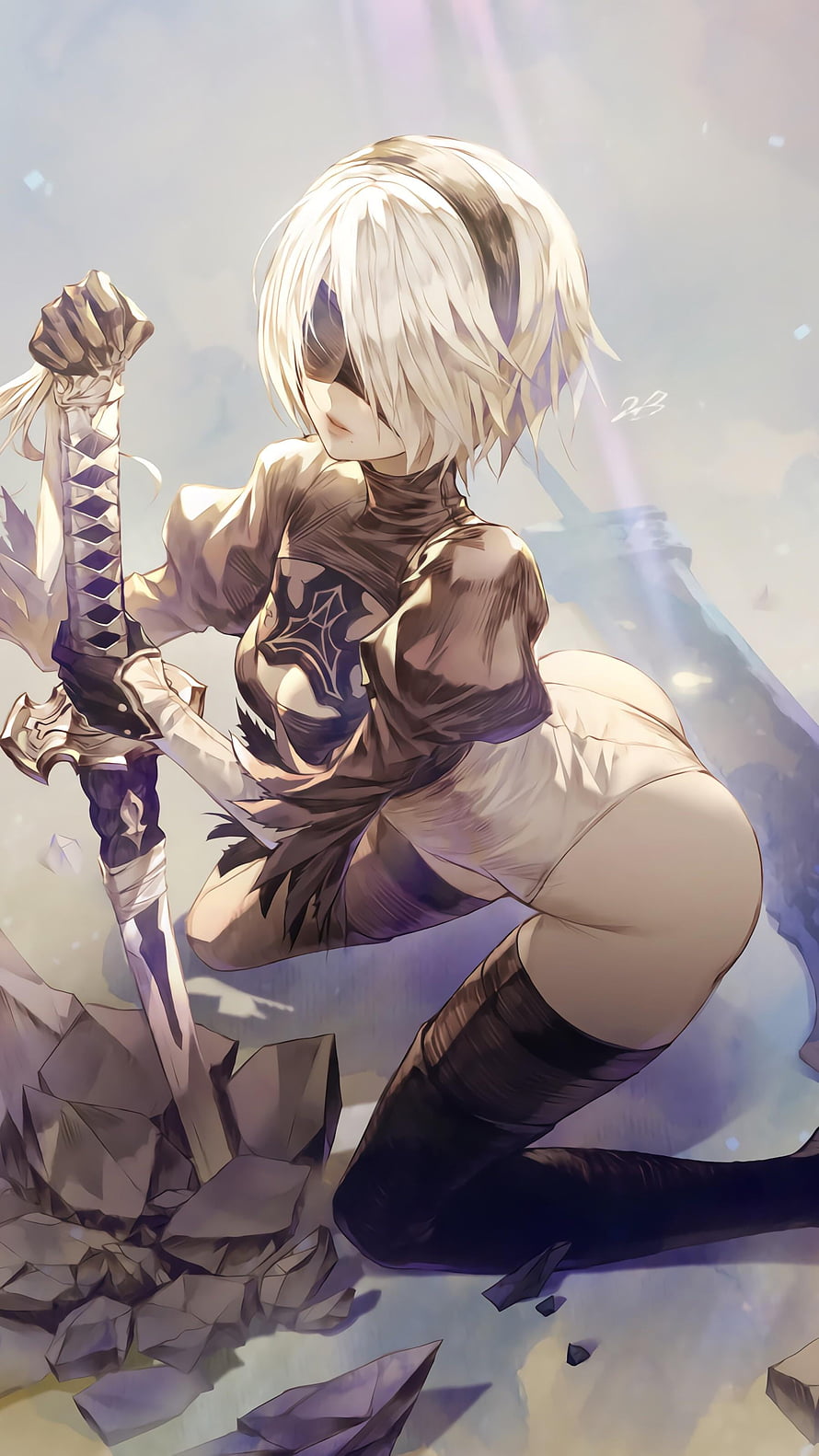 2B from NieR Automata kneeling with sword in anime art style HD phone wallpaper