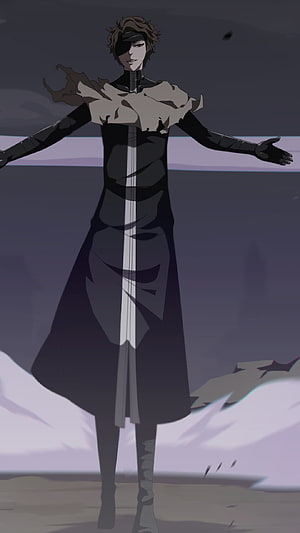 Anime Character in Black Coat with Fur Collar and Eye Patch Standing in Snowy Landscape HD phone wallpaper