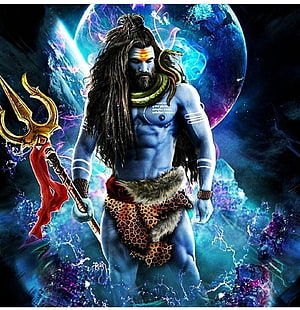 Blue Skinned Hindu God Shiva Holding Trishul With Cobra And Cosmic Background HD phone wallpaper