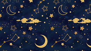 Golden Stars and Moon Seamless Pattern on Dark Blue Background HD wallpaper