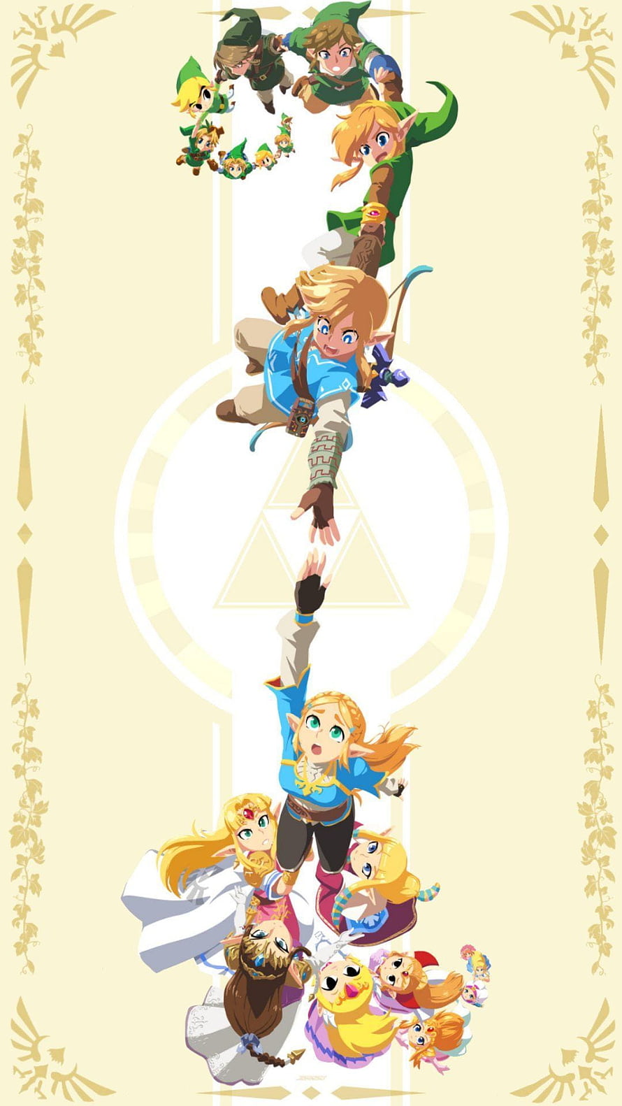 Link and Zelda Evolution Timeline Artwork Featuring Triforce Symbol and Various Character Designs HD phone wallpaper