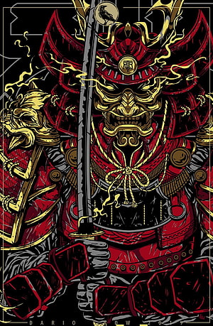 Illustration of a fierce red samurai warrior in ornate armor holding a katana with golden accents and smoke effects HD phone wallpaper