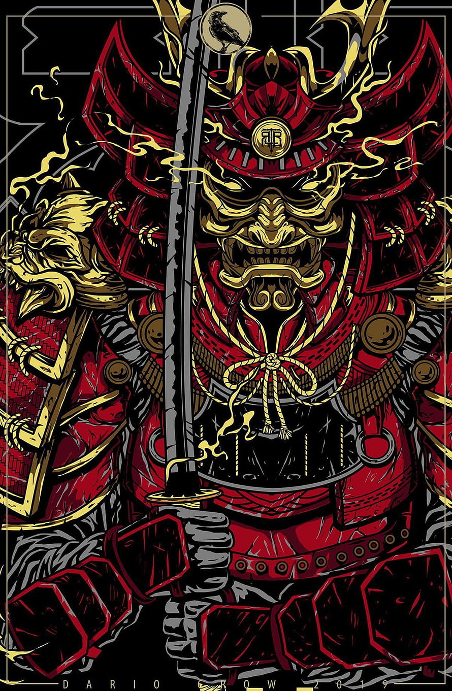 Illustration of a fierce red samurai warrior in ornate armor holding a katana with golden accents and smoke effects HD phone wallpaper