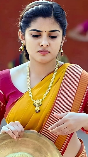 Nivetha Thomas in Traditional Yellow Saree with Gold Jewelry and Brass Plate HD phone wallpaper