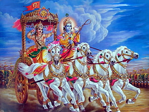 Lord Krishna and Arjuna on the Divine Chariot in the Bhagavad Gita HD wallpaper