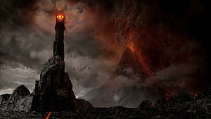 Eye of Sauron Tower and Volcano in Dark Fantasy Landscape HD wallpaper