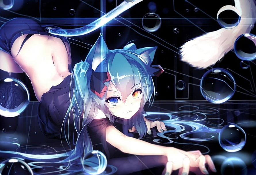 Anime Girl With Cat Ears And Heterochromia Lying In Digital Water With Bubbles HD wallpaper