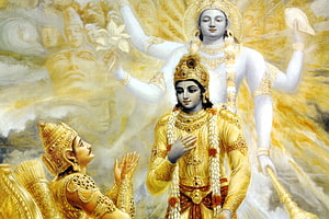 Krishna and Arjuna with the Divine Vishvarupa Form of Lord Vishnu in the Mahabharata HD wallpaper