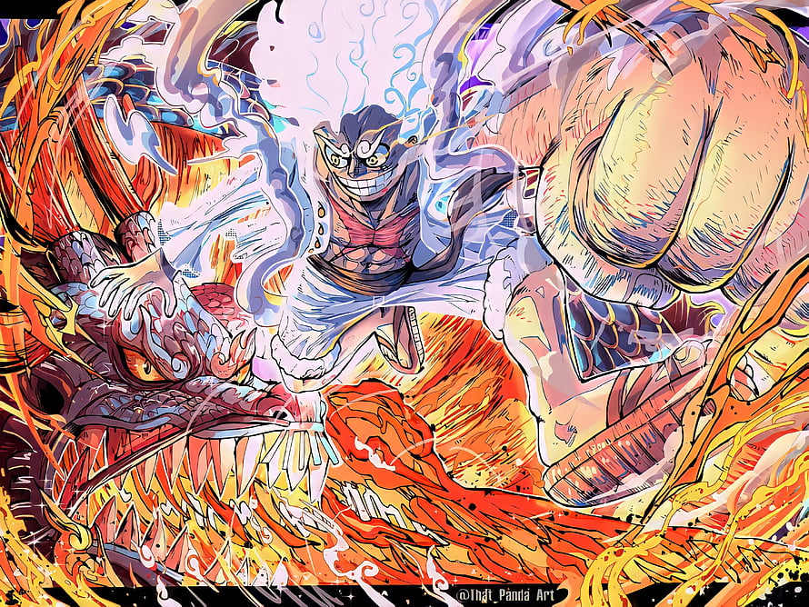 Monkey D. Luffy Gear 5 Sun God Nika Form Punching Dragon Anime Wallpaper HD wallpaper