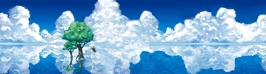 Surreal Anime Landscape with Girl and Tree on Reflective Water Surface HD wallpaper