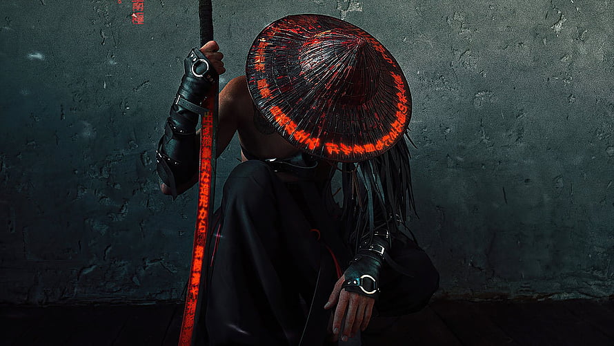 Cyberpunk Monk with Glowing Red Hat and Staff in Dark Room HD wallpaper