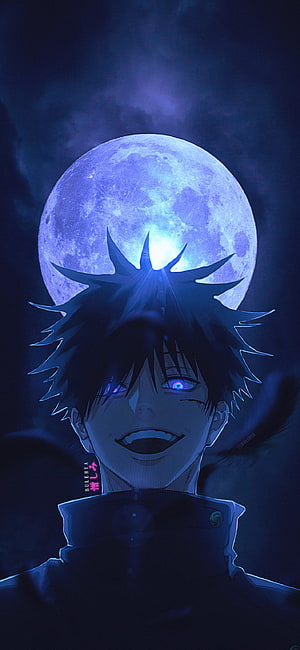 Megumi Fushiguro from Jujutsu Kaisen anime character portrait with glowing blue eyes against a large full moon background HD phone wallpaper