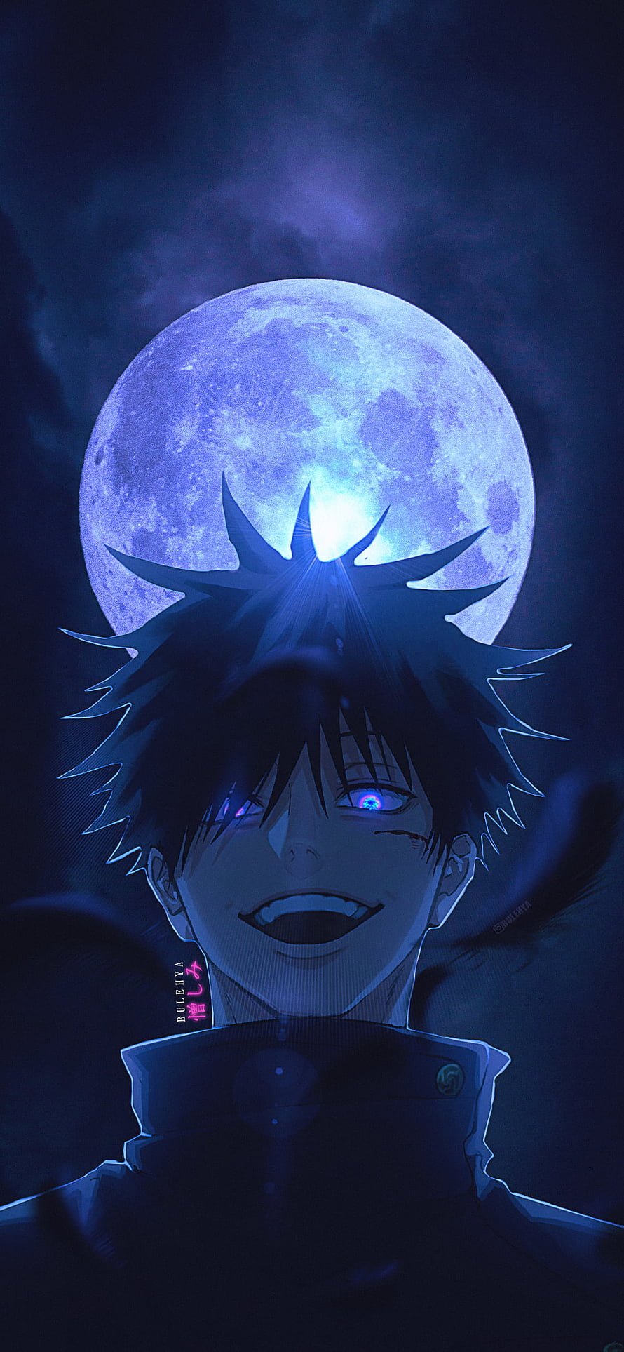 Megumi Fushiguro from Jujutsu Kaisen anime character portrait with glowing blue eyes against a large full moon background HD phone wallpaper