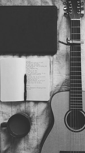 Monochrome Acoustic Guitar Flat Lay with Journal and Coffee Mug HD phone wallpaper